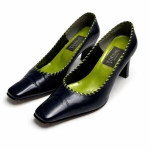 Vintage Navy Leather Heels Lime Green Contrast Square Toe Kitten Heel Y2K Sz 10
